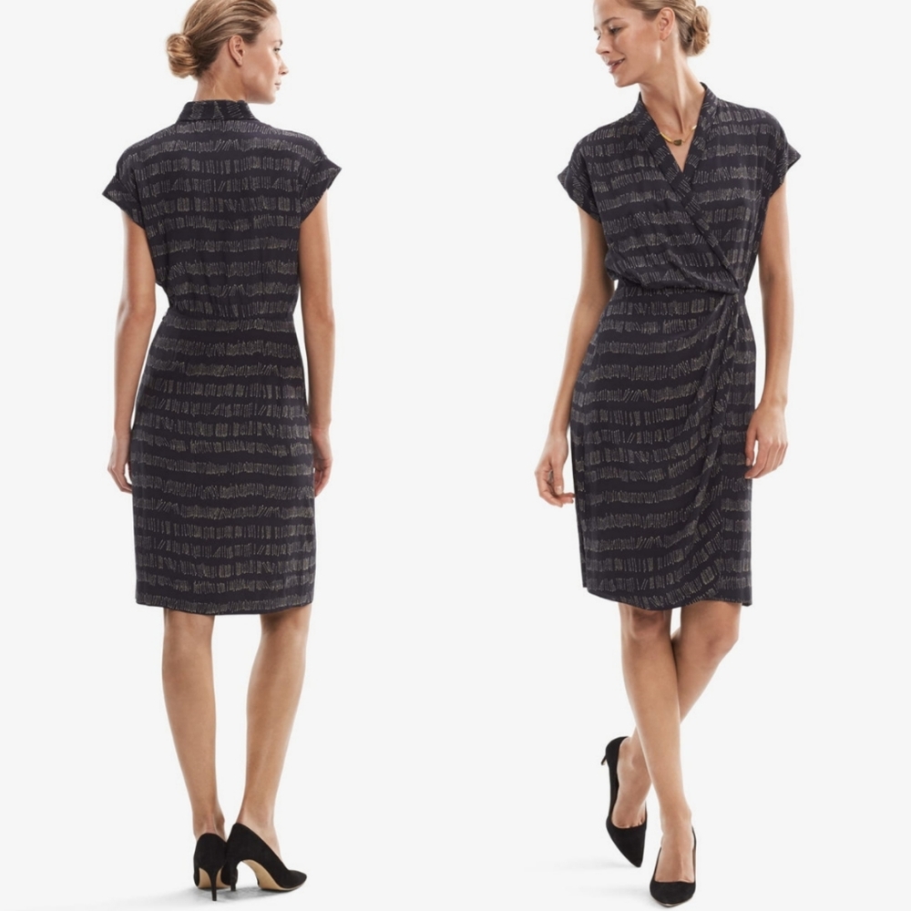 MM. LAFLEUR Jasmine Faux Wrap Dress Tally Print in Dark Navy size 10